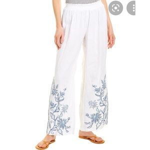 Johnny Was Linen Blend Pants Maike Side Slit Palazzo White Embroidery XS NWT